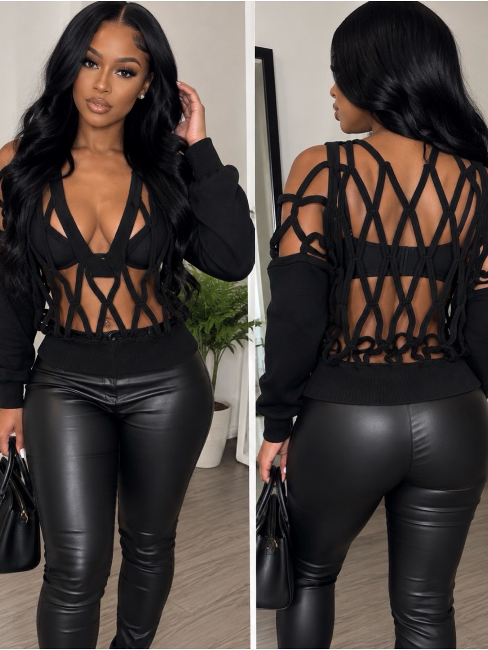 AKIRA Black Strappy Crochet-Back Crop Sweater